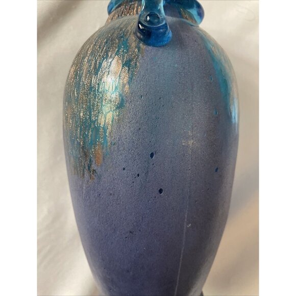 Handmade Blue & Gold Art Glass Vase With Textured Design - Decorative Accent Pie - Picture 3 of 14